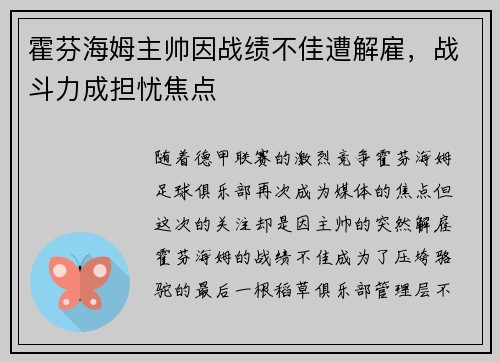 霍芬海姆主帅因战绩不佳遭解雇，战斗力成担忧焦点
